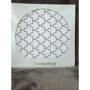 CoasterStone Trivet Absorbent Coaster 7” Square White Graphic Geometric Blue NOS